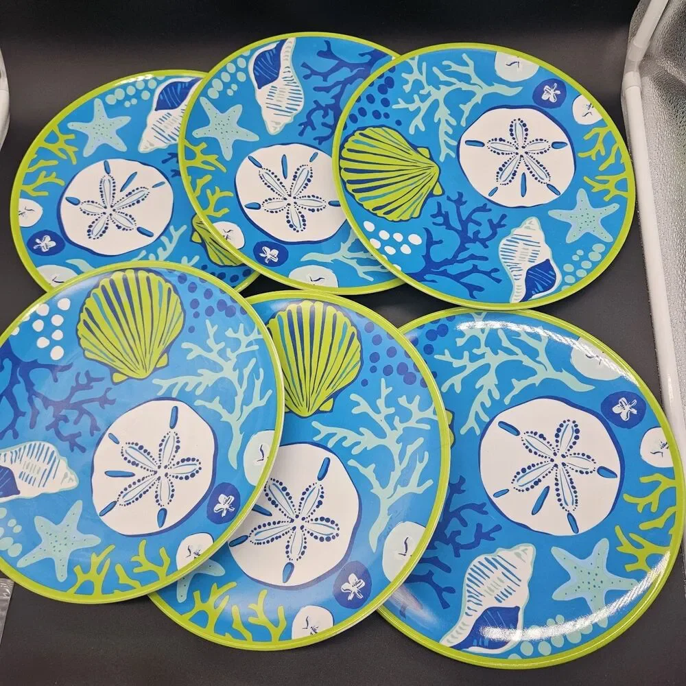 6PC Sea Life Melamine Dinner Plates Seashells Coastal Picnic Party Beach Summer